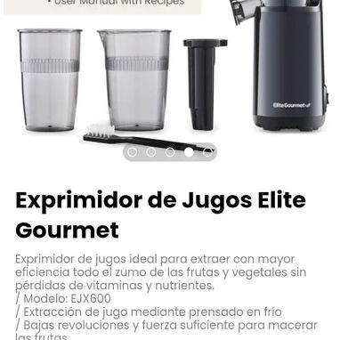 Exprimidor de Jugos Elite Gourmet. Extracción de jugo mediante prensado en frío - 4/5