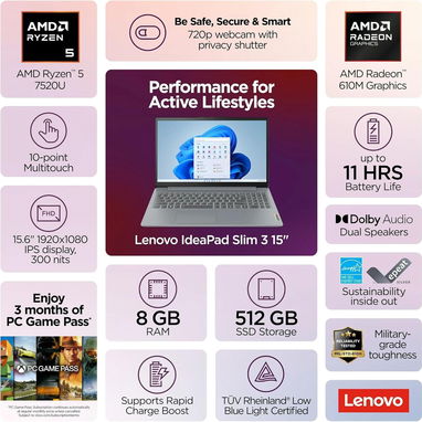 LAPTOP 🎁NUEVA🎁📦CAJA, Lenovo Ideapad Slim (82XQ00RSUS), 15.6" Tactil, AMD Ryzen 5 7520U, 8GB DDR5, Radeon, 512GB - Img 127560522