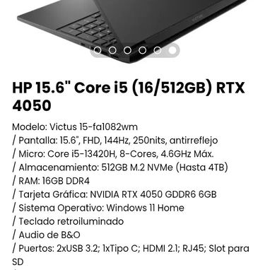 HP 15.6" Core i5 (16/512GB) RTX 4050. Modelo: Victus 15-fa1082wm.NVIDIA RTX 4050 GDDR6 6GB. Nueva con garantía - Img 106838884
