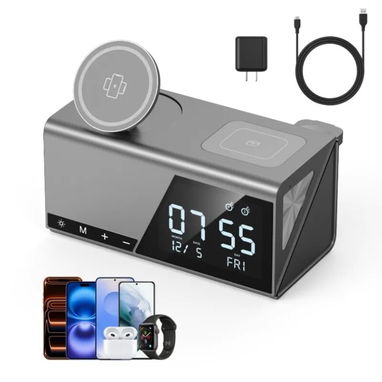 Reloj despertador con altavoz, cargador inalámbrico, relojes despertadores digitales para dormitorios con Bluetooth, rel - 3/4