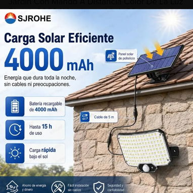 Lámpara solar de pared exterior, 234 led, 200W, con control remoto y 3 modos de trabajo. Sensor de movimiento. 8000K luz - 3/4