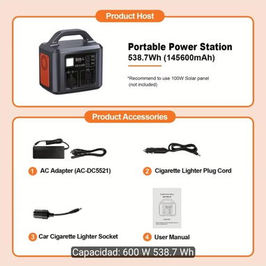 SBAOH Estación de Energía Portátil 600W, Batería de Generador Solar de 538.7Wh con Salida AC, Carga Rápida PD 100W USB-C - 2/2