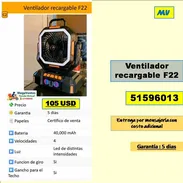 Ventilador recargable F22 (40000 mAh)-  105 USD... 51596013...Transporte costo adicional..Garantia 5 dias  (MV-812) - Img 56772344