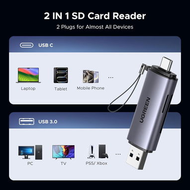 💾⚡ LECTOR TARJETAS SD UGREEN USB-C/USB 3.0 2 EN 1 🔥 ALTA VELOCIDAD 5Gbps IPHONE PC 💥 Envío + Garantía - Img 117595294