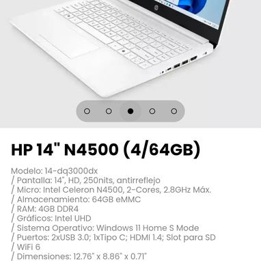 HP 14" N4500 (4/64GB) Modelo: 14-dq3000dx - 3/5