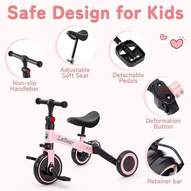 Triciclo para niños 3 en 1. con ruedas traseras plegables. Colores amarillo, azul y Rosa - 3/6