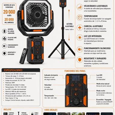 VENTILADOR OUTDOOR RECARGABLE  POTENTE, PORTÁTIL Y AJUSTABLE - Img 124195720