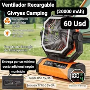Ventilador portátil recargable Givryes Camping Fan de 20000 mAh,Garantía de 1 mes, Entrega por un mínimo costo según mun - Img 56839134