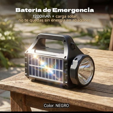 Bocina inalámbrica con Carga Solar, linterna LED 4 Modos. Radio FM, Bluetooth, USB, Tarjeta Micro sd, mas batería de 120 - 4/8