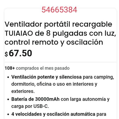 Ventilador recargable de 8 pulgadas. 39 000mAh.Luz, control remoto y oscilación. - 2/2