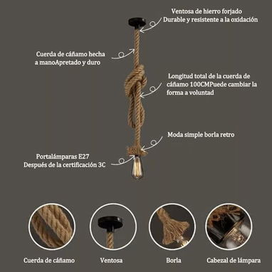 Lámpara de techo colgante con cuerda torcida de cáñamo estilo vintage 1 pieza - Img 99648034