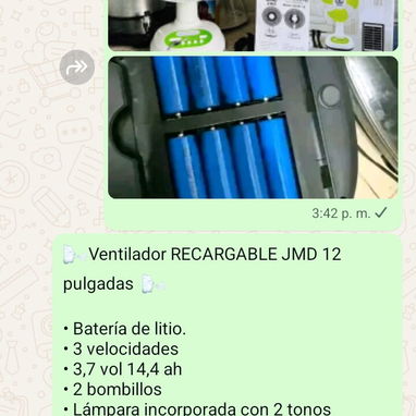 Ventilador RECARGABLE JMD 12 pulgadas Batería de litio. 3 velocidades 3,7 vol 14,4 ah 2 bombillos precio 1x40 y 2 x75 - Img 121282294