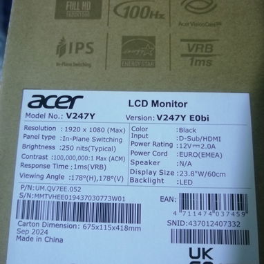 CALIDAD DE MONITOR ACER VERO 24" IPS SELLADO EN CAJA MODELO V247Y 100 HZ FULL HD 1920X1080P - Img 99876314