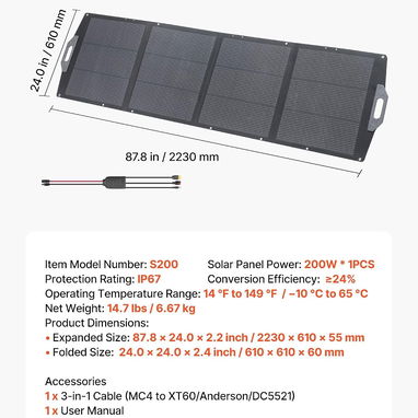 VEVOR Panel solar plegable de 200 W alta eficiencia con salida MC4, puertos USB-A, tipo C y CC, impermeable IP67 - 4/9