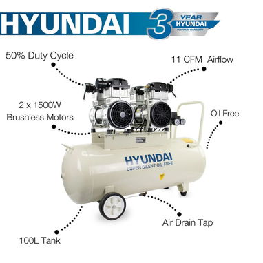 Compresor de aire eléctrico Hyundai de 4 hp, 100 L, sin aceite, bajo nivel de ruido, 22 CFM, 145 psi, transmisión direct - Img 123501894