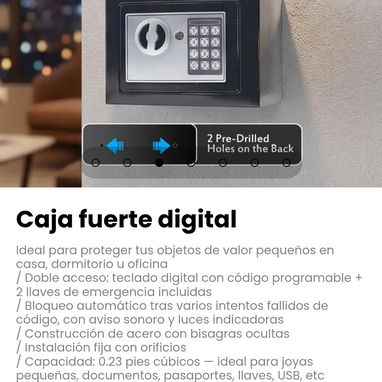 Caja fuerte digital. Doble acceso: teclado digital con código programable + 2 llaves de emergencia incluidas - 3/6