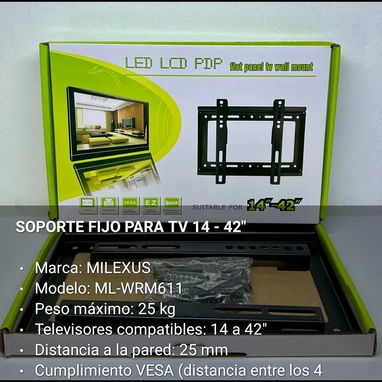 Soporte de pared fijo para tv, de poco uso en perfecto estado de 14" a 42 pulgadas con sus tornillos. - Img 127418328