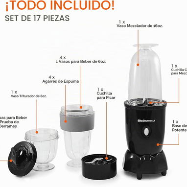Batidora personal Elite Gourmet - 17 piezas incluidas, ideal para batidos, jugos y salsas - 2/5