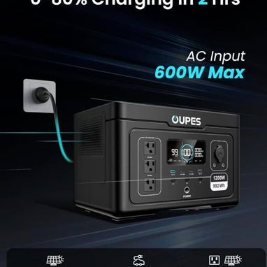 ESTACIÓN DE ENERGÍA  OUPES EXODUS 1200 🔋 Capacidad de batería LiFePO4: 992Wh ⚡ Potencia de salida: 1200W. Pico: 3600W - Img 119585729