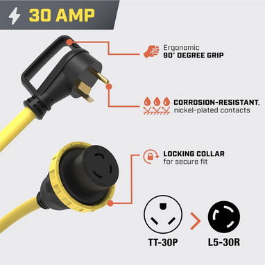 Cable para Estaciones de Energía Calidad Top - 30A TT-30P a L5-30R – 30 pies - 3/7