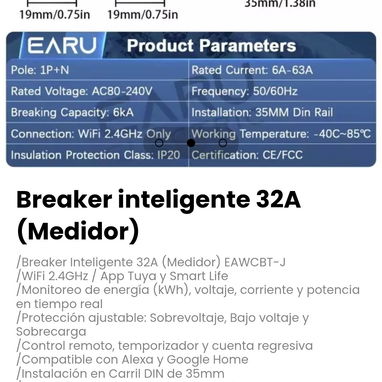 Breaker inteligente 32A (Medidor). Monitoreo de energía (kWh), voltaje, corriente y potencia en tiempo real - 2/3