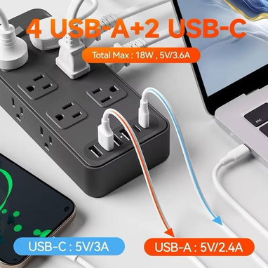 REGLETA MULTITOMA CON USB – 6 TOMACORRIENTES | CABLE DE 10 PIES - 3/3