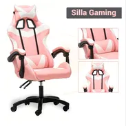 Silla Ergonómica de Oficina Tipo Gaming, con Respaldo Alto, Reclinación y Soporte Lumbar, Rosado con Blanco - Img 53776221