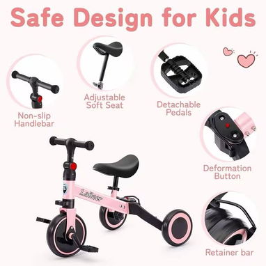 Triciclo Convertible 3 en 1 para niñas color rosado - 4/5