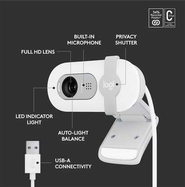 🎁 Webcam Logitech Brio 100 White ✅2MP, 1080p, 58°, FHD, tapa de privacidad, 1.5m, 30fps, 75g, Micrófono, Modern - Img 84027401