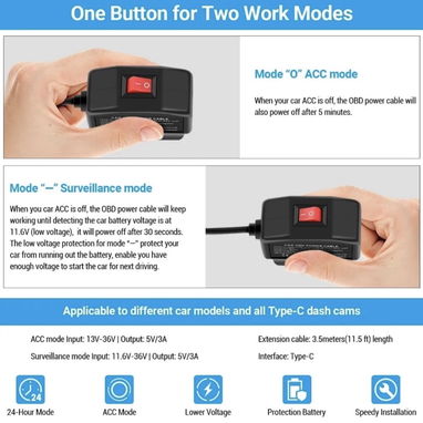 Cable de alimentación OBD2 OBD mejorado para cámara de salpicadero, adaptador OBD a tipo C USB OBDII Cable de carga de c - Img 113662526