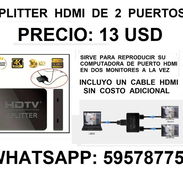 Splitter HDMI de 2 puertos. Incluye cable HDMI gratis para que conectes tu computadora a dos monitores al mismo tiempo. - Img 52281086