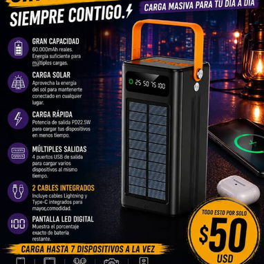 Power Bank 60000 mAh con carga solar, múltiples puertos de carga y pantalla led digital - 2/2
