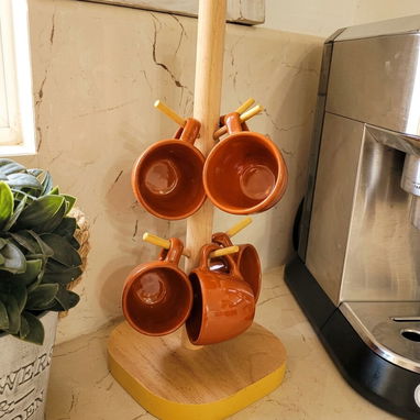 Juego de seis tazas de café y porta taza de madera. Artículos de cocina. - Img 122393636
