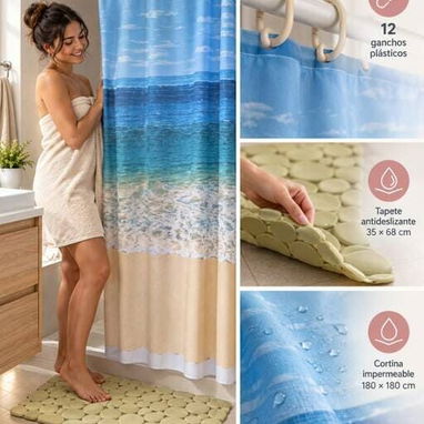 Set de Cortina de Baño + Tapete para Ducha 💰17 USD Set completo para renovar el baño de forma práctica y decorativa. - 3/5
