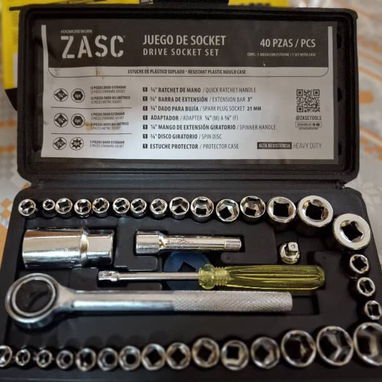 🔧Juego de Cubos Profesional, 40pzs🔹 Acero cromado, matraca de 3/8", Dados SAE y Métricos. Dado para bujía de 21 mm - 2/5