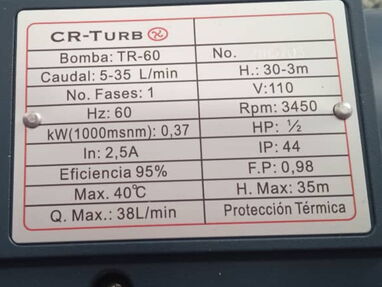 ++BOMBA DE AGUA CR- TURBO( HP: 1/2 . Altura 35m. 3450 RPM)38L/min (110V)(NEW+TRANSPORTE) Tf: 51469270++ - Img 38447709