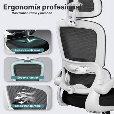 Silla de escritorio reclinable con apoyo lumbar y reposacabeza. - 4/6