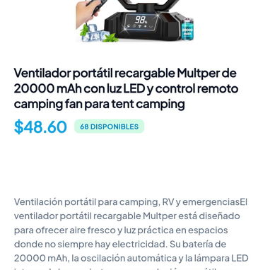 Ventilador portátil recargable Multper de 20000mAh con luz LED y Control Remoto Camping Fan para tent camping. - 3/3