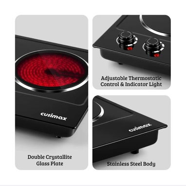 Cocina eléctrica de placa. Sobremesa de doble quemador cerámica infrarroja 1800 W Marca Cusimax - 2/3