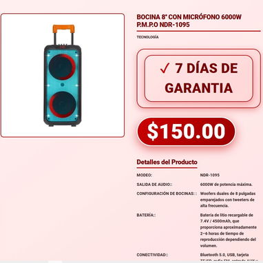 BOCINA BLUETOOTH 30W RMS (80W pico) JVC - XS-KY314PB BOCINA 8'' CON MICRÓFONO 6000W P.M.P.O NDR-1095 - 7/10