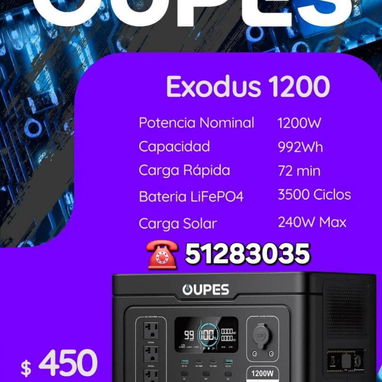 Oupes Exodus 1200w , 992wh reales , cuenta con bateria LiFePo4 , para 3500 ciclos de carga , carga rapida en 72 min . - Img 122663820
