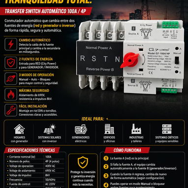 ⚡ TRANSFER SWITCH AUTOMÁTICO 100A / 4P - 2/3