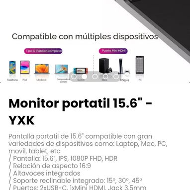 Monitor portatil 15.6" - YXK. Pantalla portatil de 15.6" compatible con: Laptop, Mac, PC, movil, tablet, etc - Img 112931714