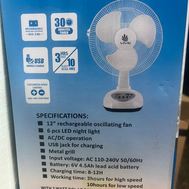 🌀 ¡VENTILADOR RECARGABLE VIVE 12* PRECIOS ESPECIALES: $40USD - Comprando +5 unidades 💵 $45 USD - Unidad individual - 2/2