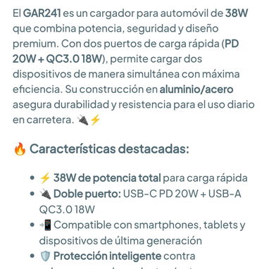 Cargador de Carro 38W con doble Puerto USB y Tipo C PD 20W + QC3 18 W. Carga rápida - 1Hora GAR241 🌐 $6.24 - 2/3
