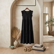 Vestido Midi Negro Casual con Volantes y Cuello en V S/M 25 - Img 57754378