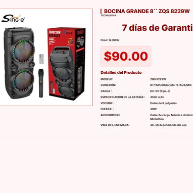 BOCINA DE 8 PULGADAS MS-2055BT $68.00, BOCINA 8'' CON MICRÓFONO 6000W P.M.P.O NDR-1095 $150.00 - 9/10