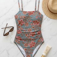 Trusa bikini entero azul grisáceo con flores bronce, talla M. Elegante bañador de una pieza con tirantes finos, escote c - Img 56105207
