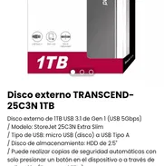 Disco externo duro TRANSCEND 25C3N 1TB. Nuevo a estrenar - Img 49199192