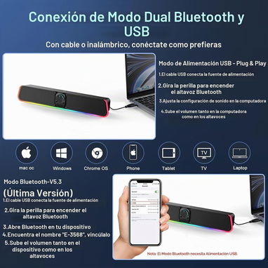 *Barra de sonido de computadora Bluetooth con cable USB con RGB - 9/10